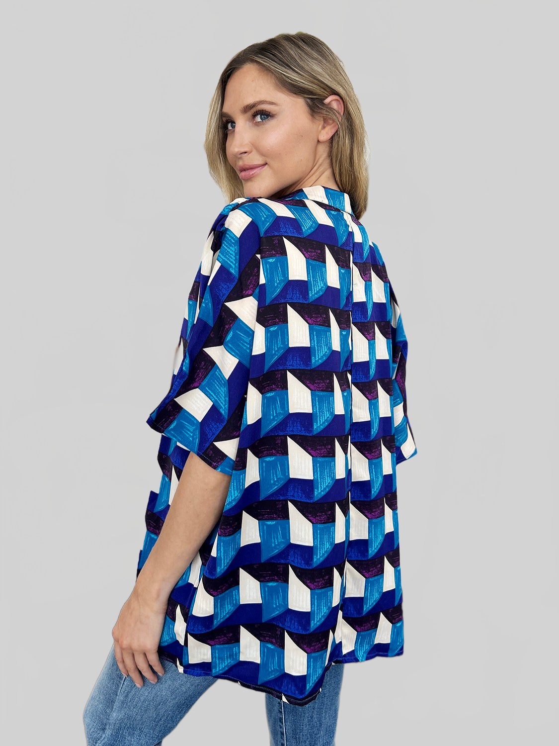 Women Double Take Full Size Geometric Notched Half Sleeve Blouse nicholesgifts