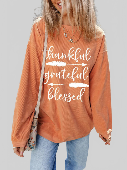 Women Letter Graphic Thankful Grateful Blessed Round Neck Long Sleeve Sweatshirt nicholesgifts
