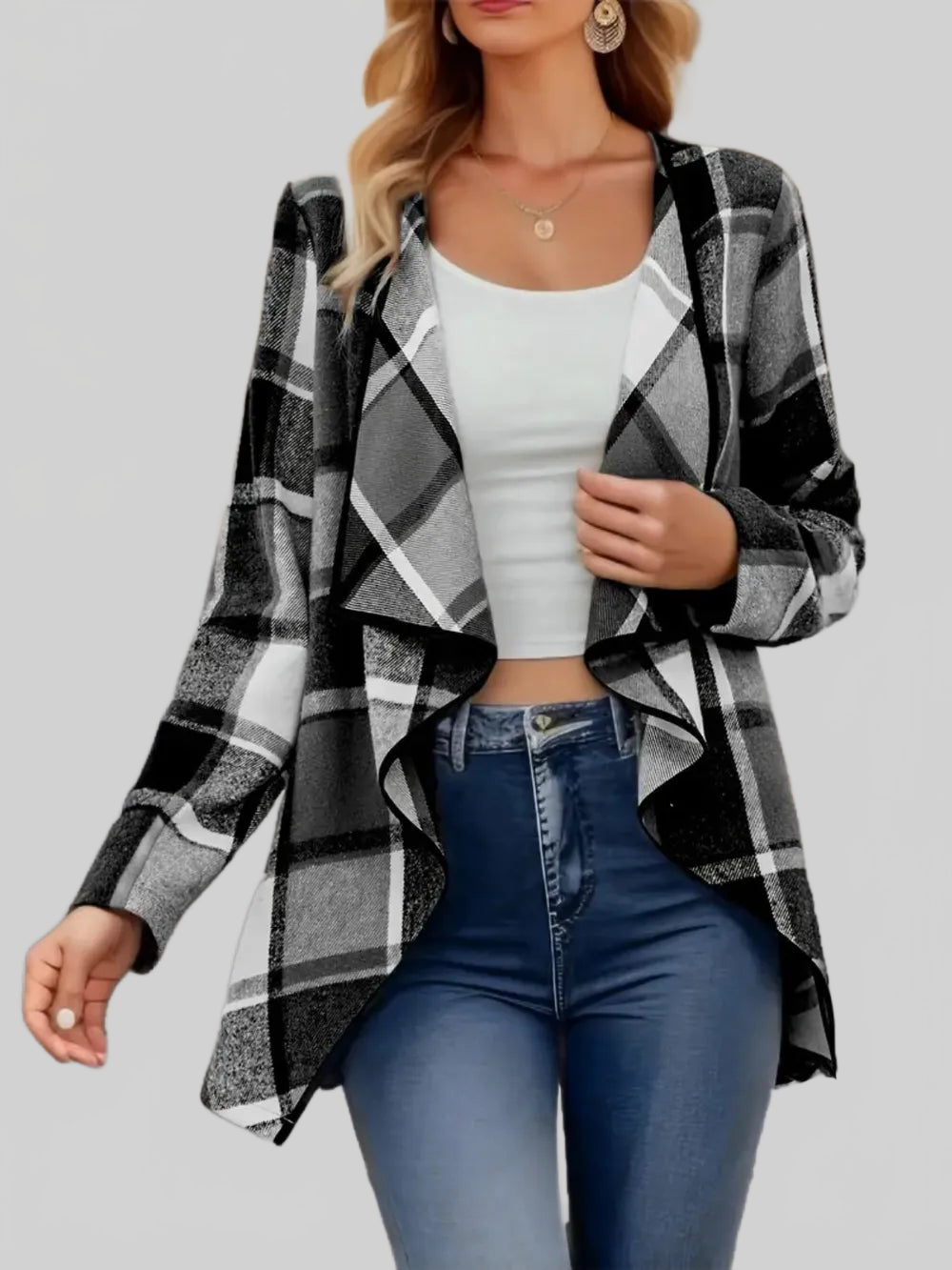 Plaid Open Front Long Sleeve Jacket nicholesgifts