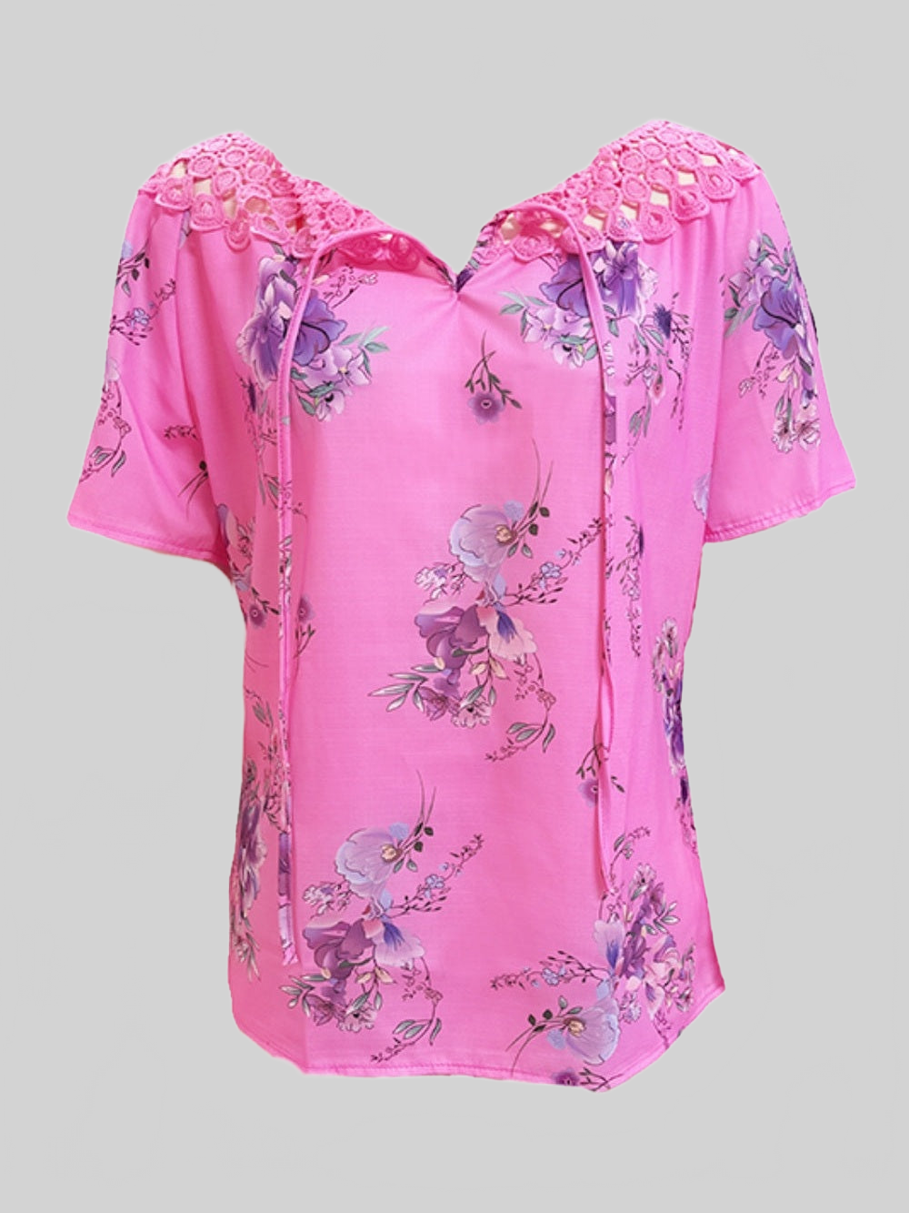 Women Full Size Printed Tie Neck Short Sleeve Blouse nicholesgifts