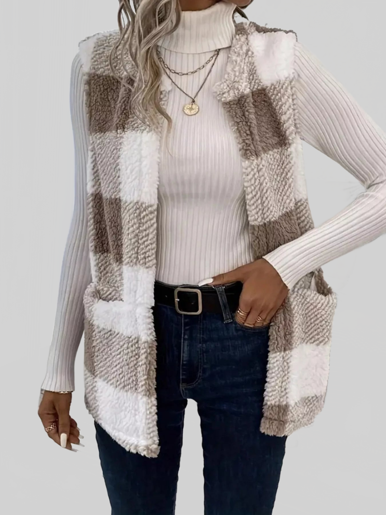 Women Cozy Plaid Sherpa Vest Coat nicholesgifts