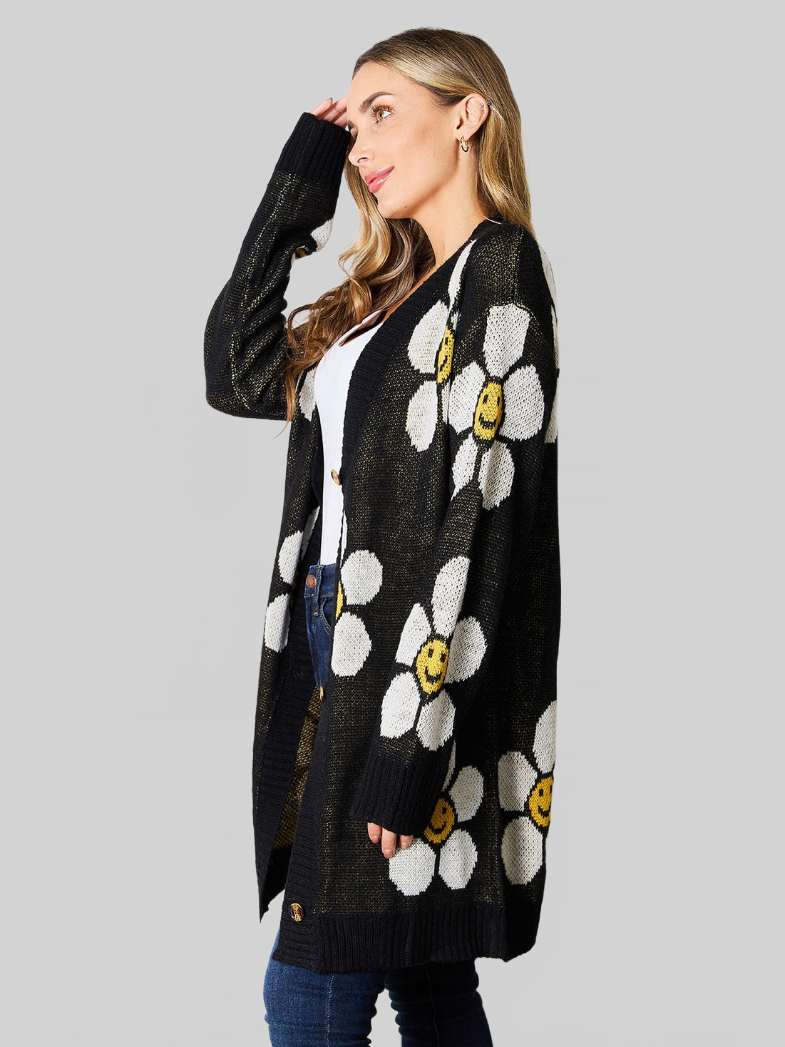 Women Perfee Floral Button Down Longline Cardigan nicholesgifts
