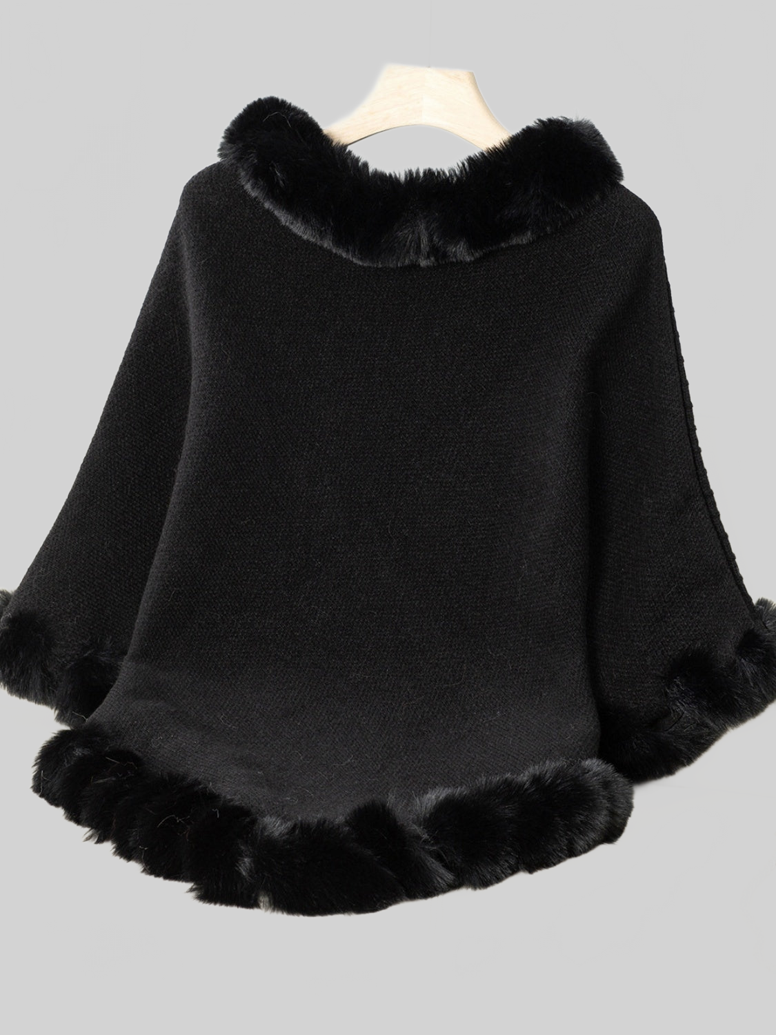 Women Fuzzy Trim Texture Three-Quarter Sleeve Poncho nicholesgifts