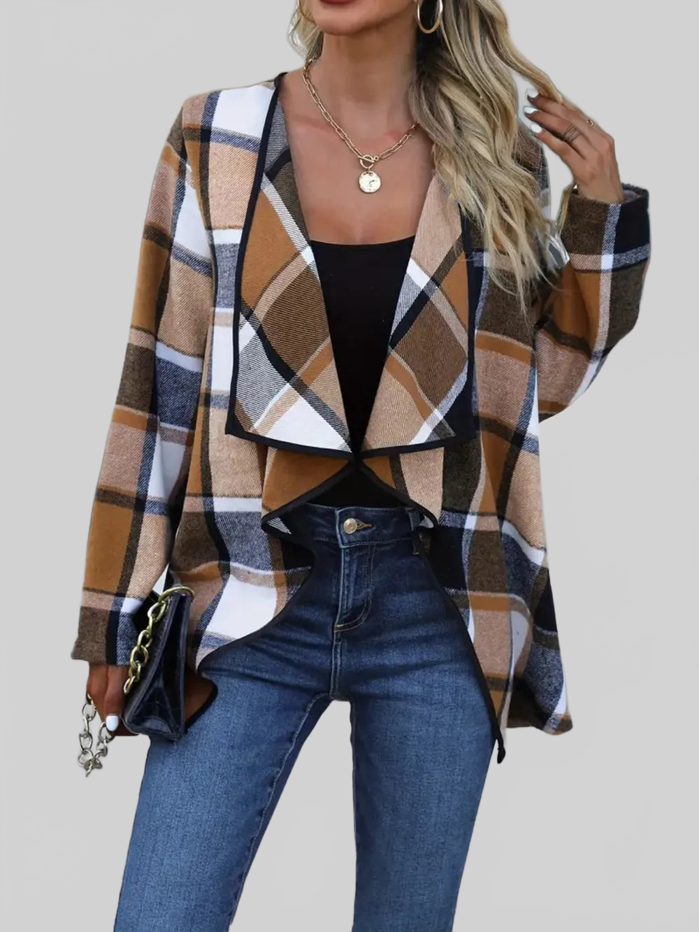 Plaid Open Front Long Sleeve Jacket nicholesgifts