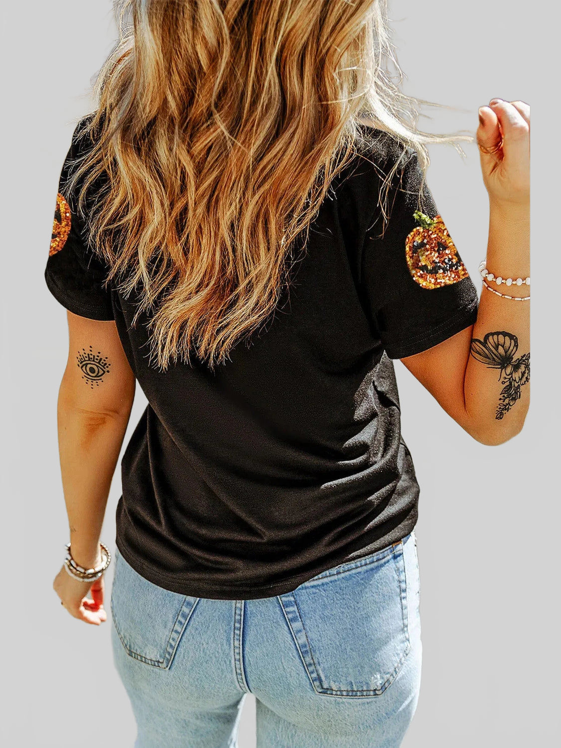 Sequin Pumpkin Round Neck Short Sleeve T-Shirt nicholesgifts