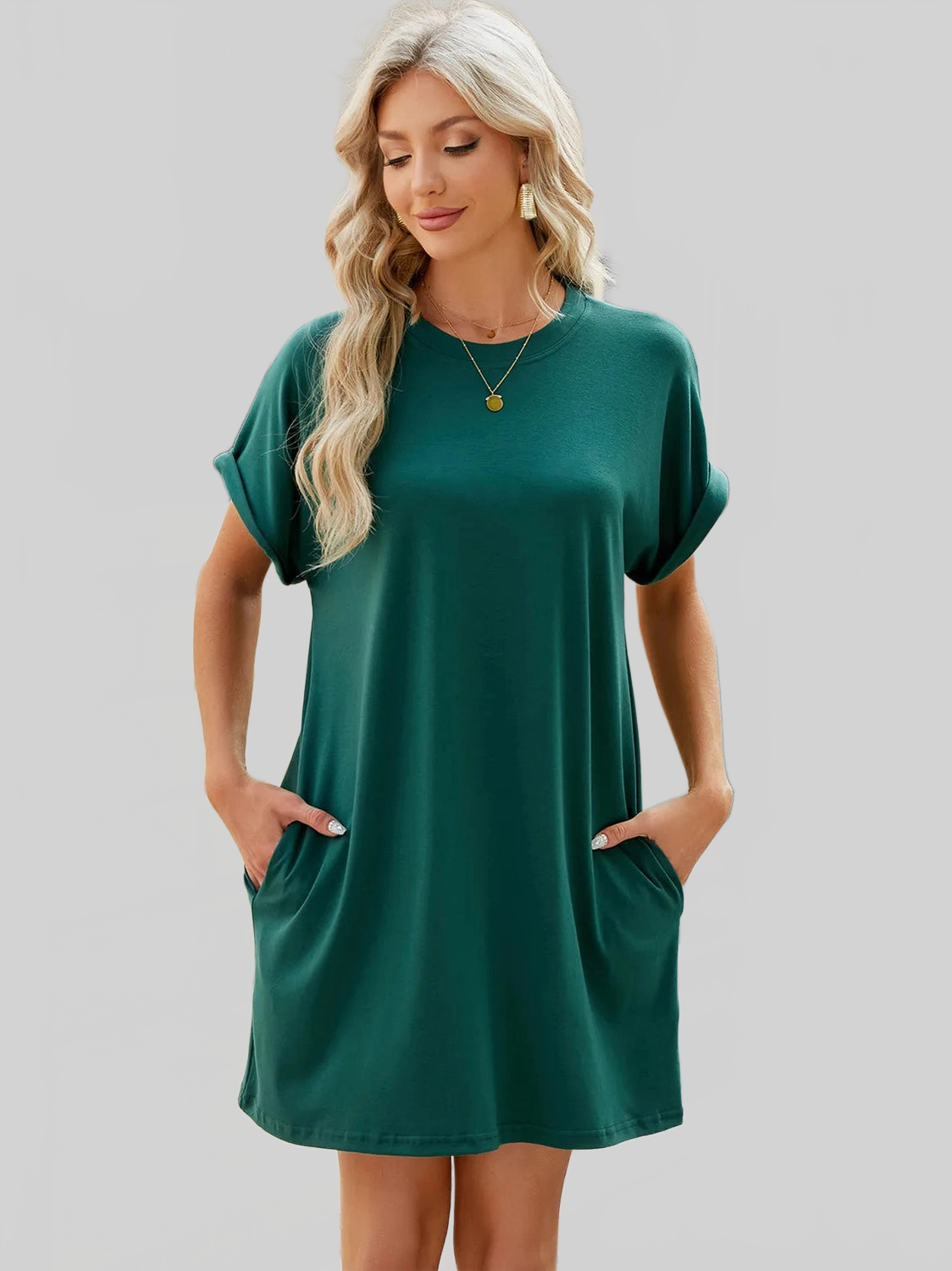 Round Neck Rolled Short Sleeve Tee Dress nicholesgifts