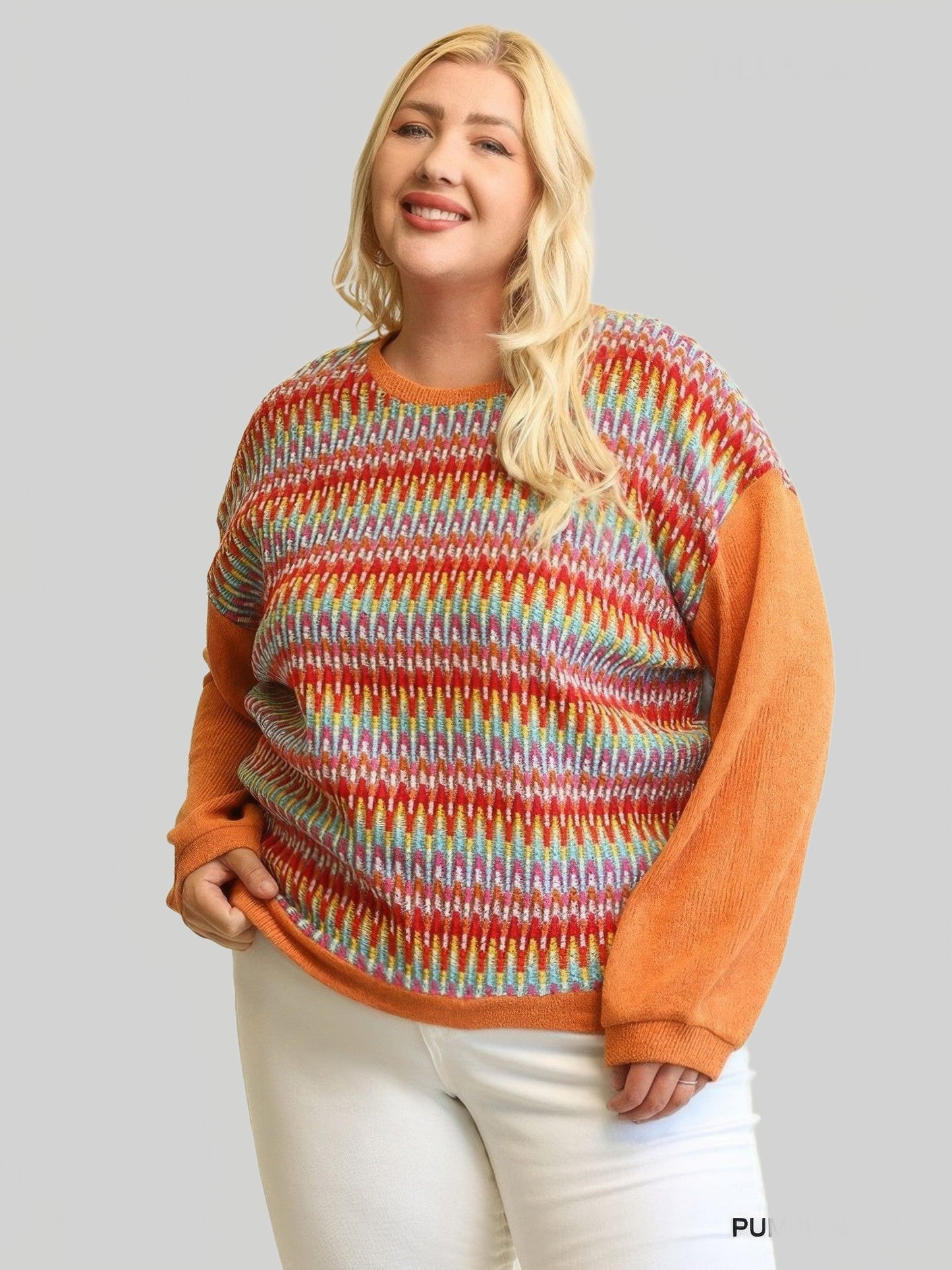 Plus Size Women Novelty Knit And Solid Knit Mixed Loose Top NicholesGifts