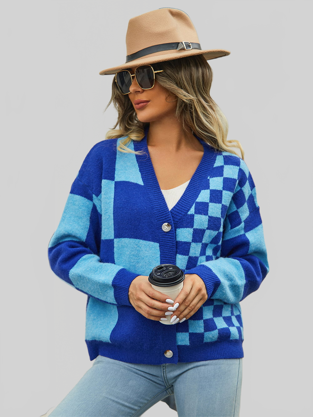 Angel Wings Plaid V-Neck Dropped Shoulder Cardigan nicholesgifts