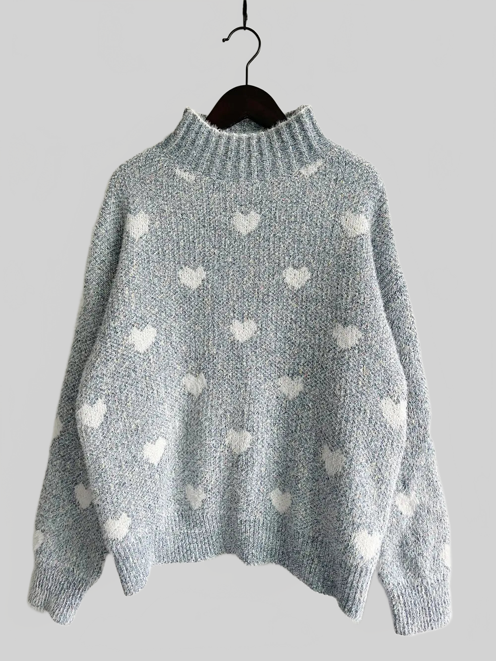 Women Heart Heathered Turtleneck Drop Shoulder Pullover Sweater nicholesgifts
