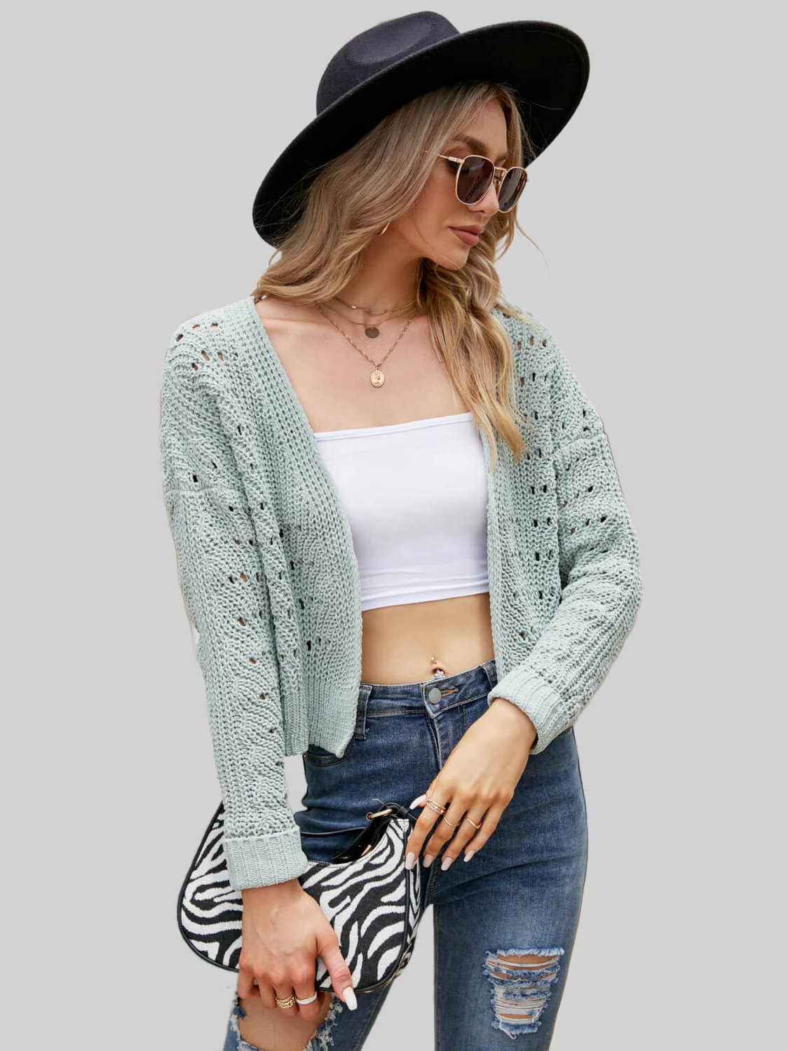 Open Front Cuffed Cropped Cardigan nicholesgifts