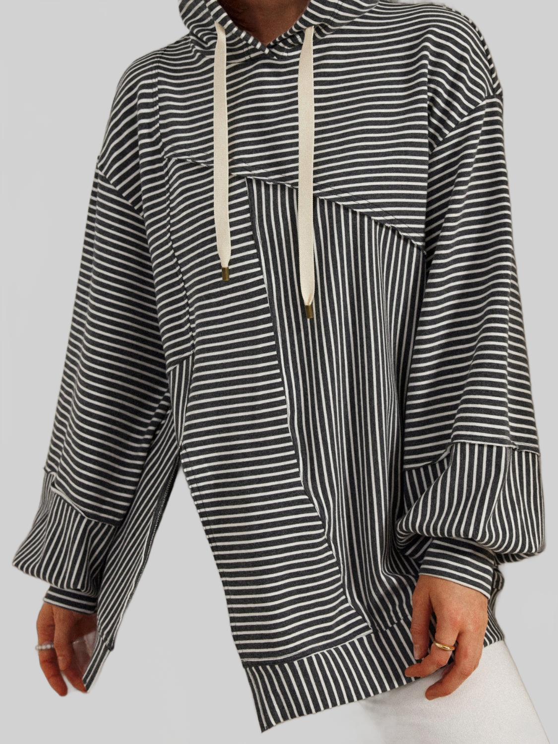 Women Slit Drawstring Striped Long Sleeve Hoodie NicholesGifts