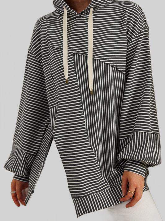 Women Slit Drawstring Striped Long Sleeve Hoodie NicholesGifts