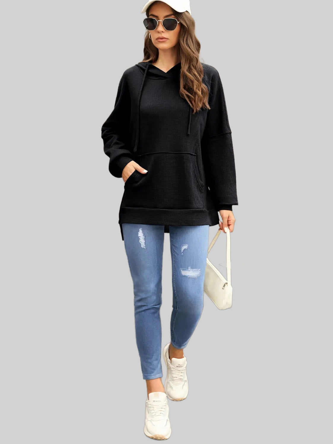 Waffle-Knit Long Sleeve Hoodie nicholesgifts
