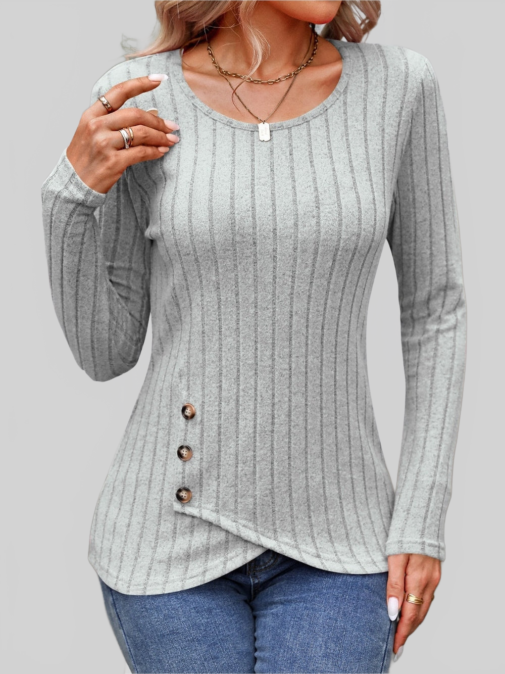 NicholesGifts Women Decorative Button Round Neck Long Sleeve T-Shirt NicholesGifts