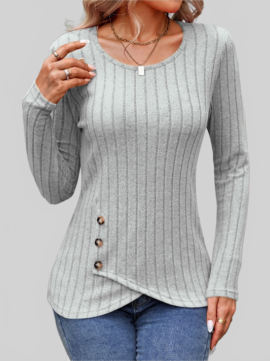 NicholesGifts Women Decorative Button Round Neck Long Sleeve T-Shirt NicholesGifts