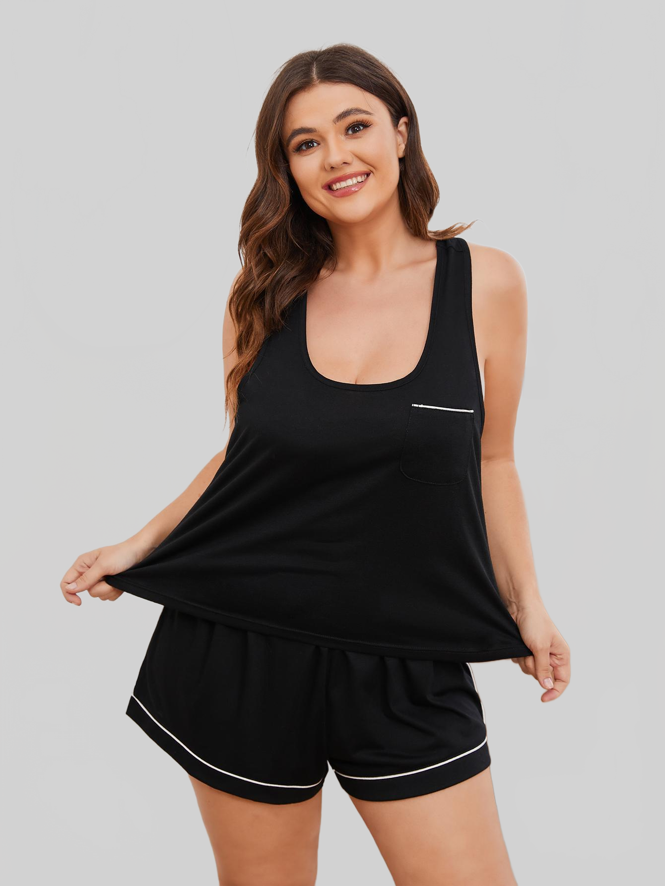 Plus Size Contrast Piping Racerback Tank and Shorts Lounge Set nicholesgifts