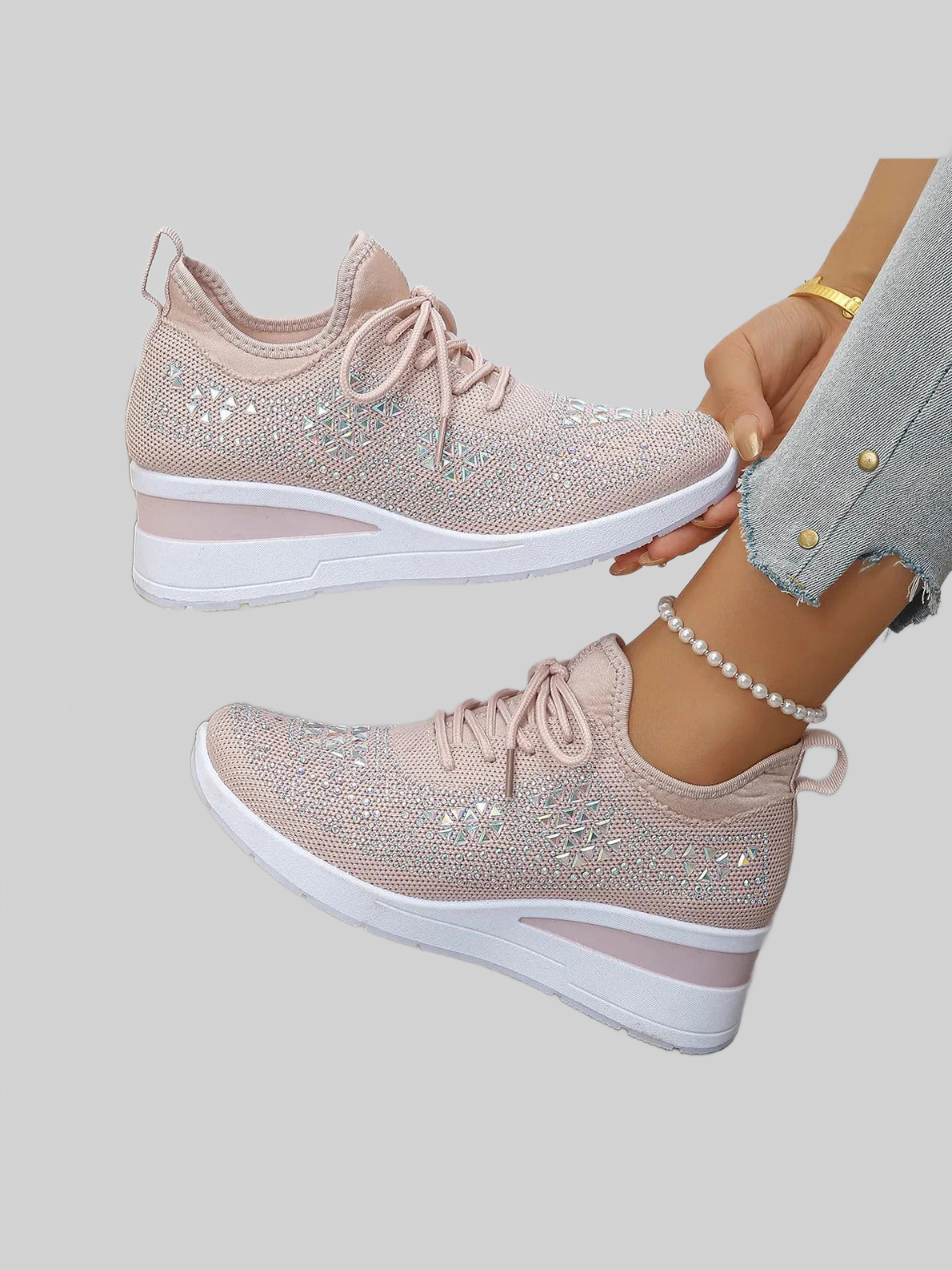 Women Breathable Mesh Rhinestone Wedge Athletic Sneakers NicholesGifts