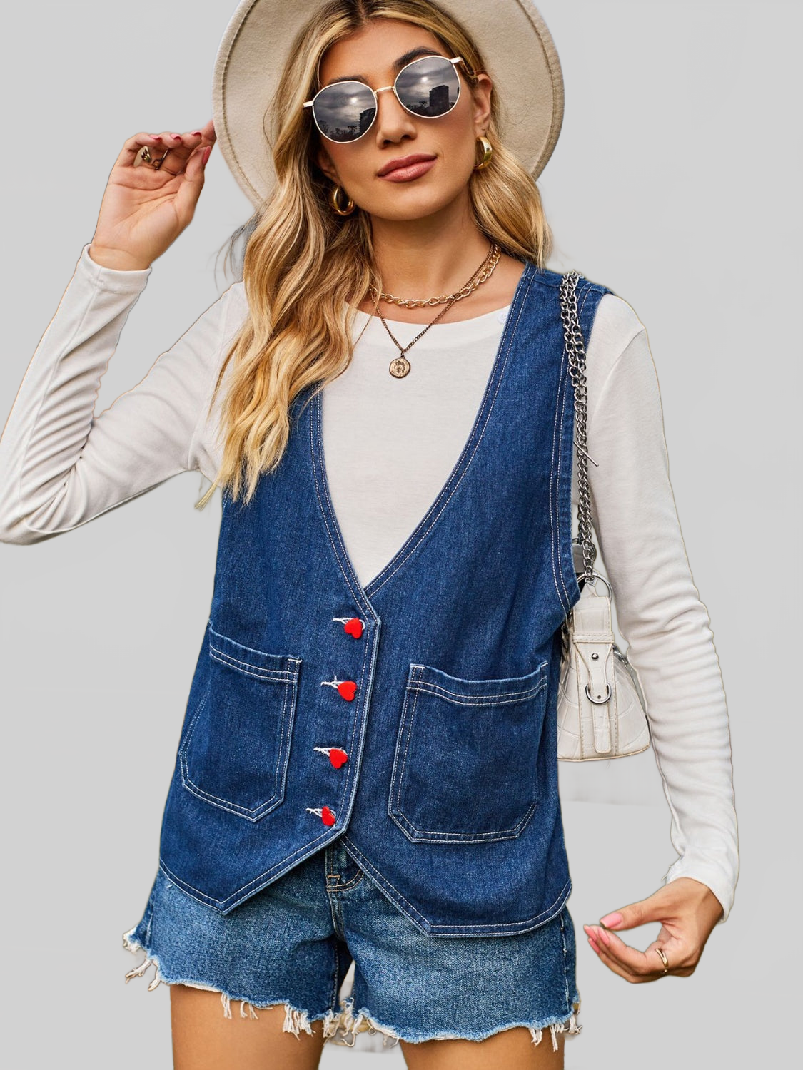 Pocketed Button Up Sleeveless Denim Jacket NicholesGifts