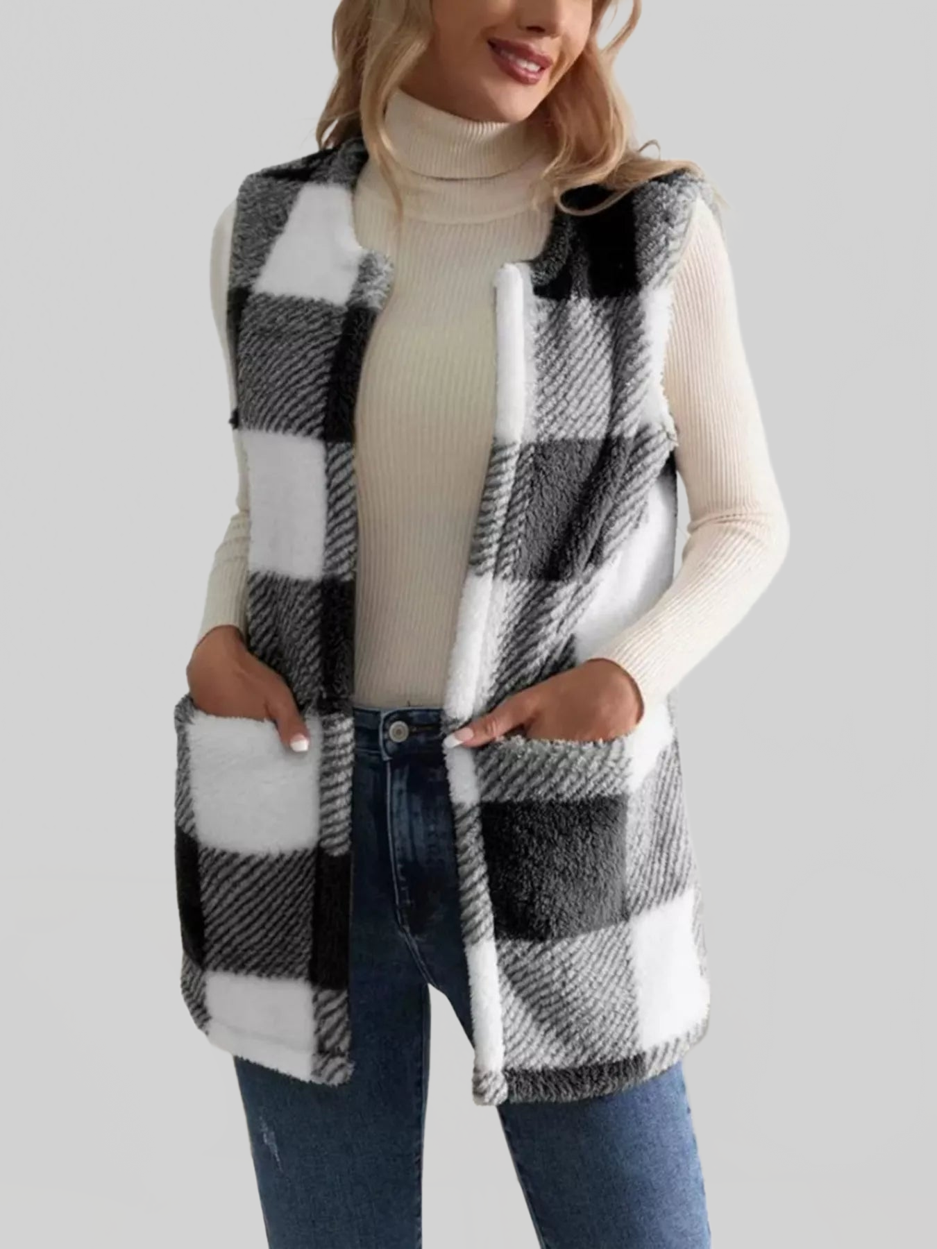 Women Cozy Plaid Sherpa Vest Coat nicholesgifts