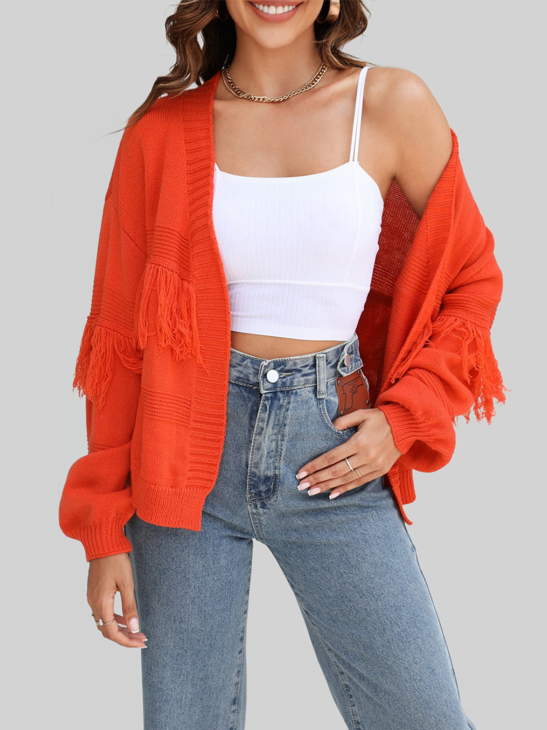 Angel Wings Fringe Trim Open Front Cardigan nicholesgifts
