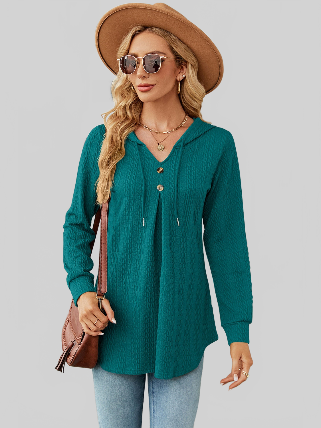 Women Decorative Button Drawstring Long Sleeve Hoodie nicholesgifts