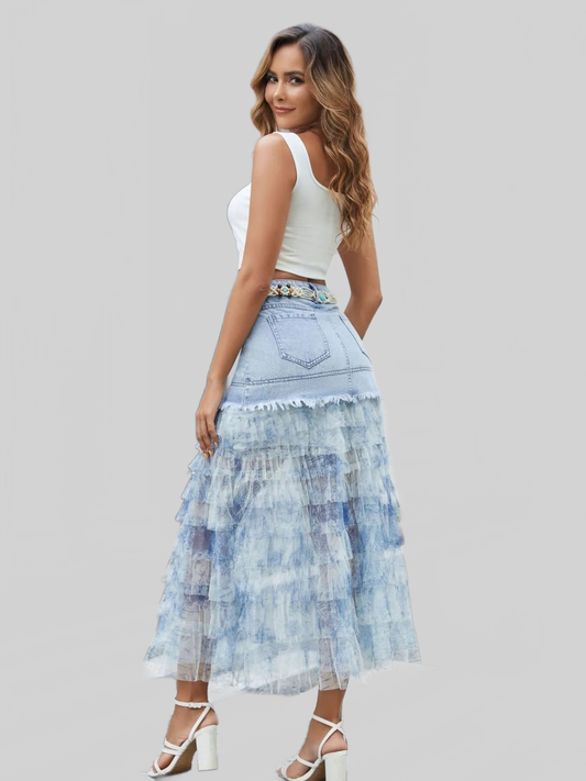 Women Tiered Ruffle Denim Patchwork Skirt NicholesGifts