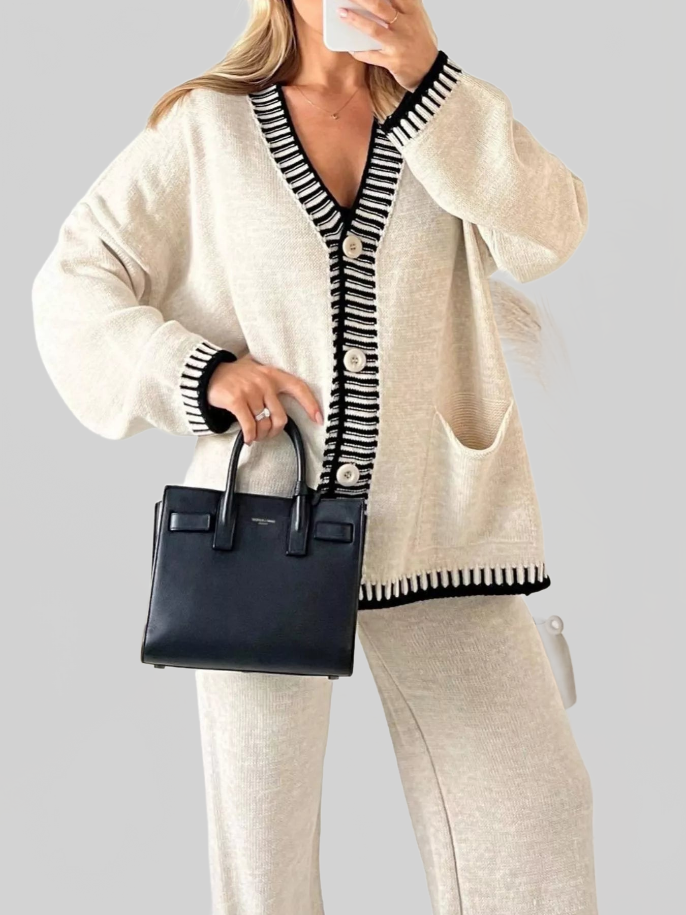 Button Up V-Neck Cardigan and Pants Sweater Set nicholesgifts