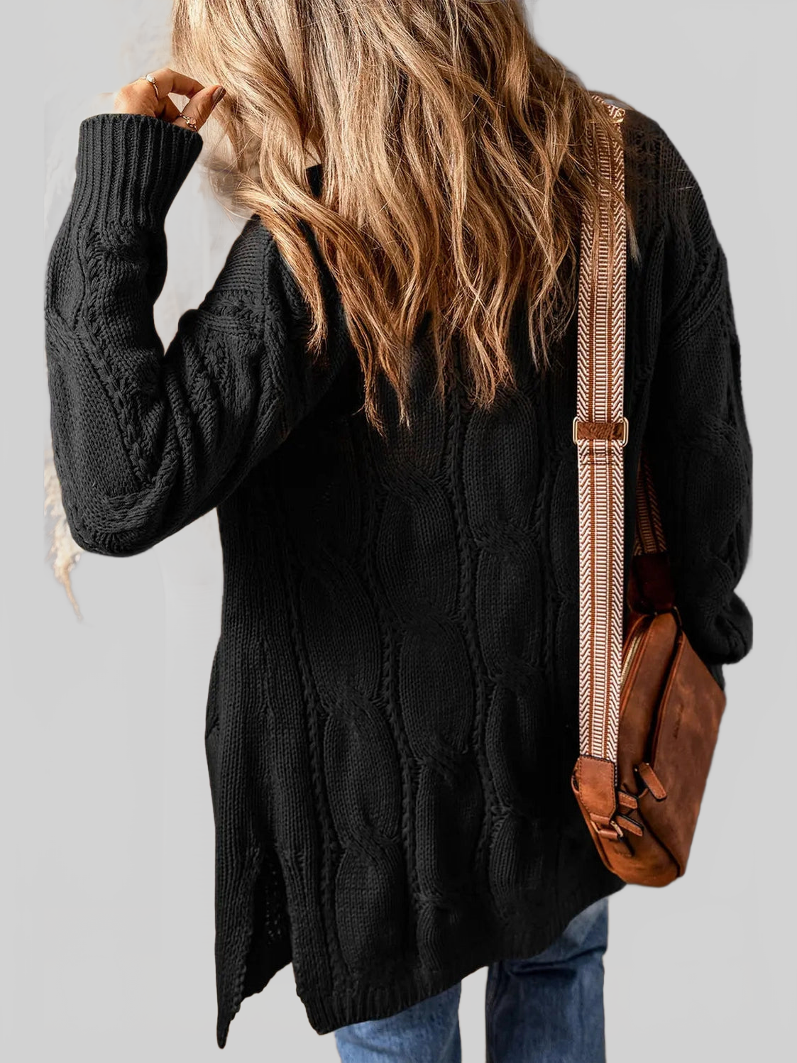 Women Cable-Knit Dropped Shoulder Slit Cardigan nicholesgifts