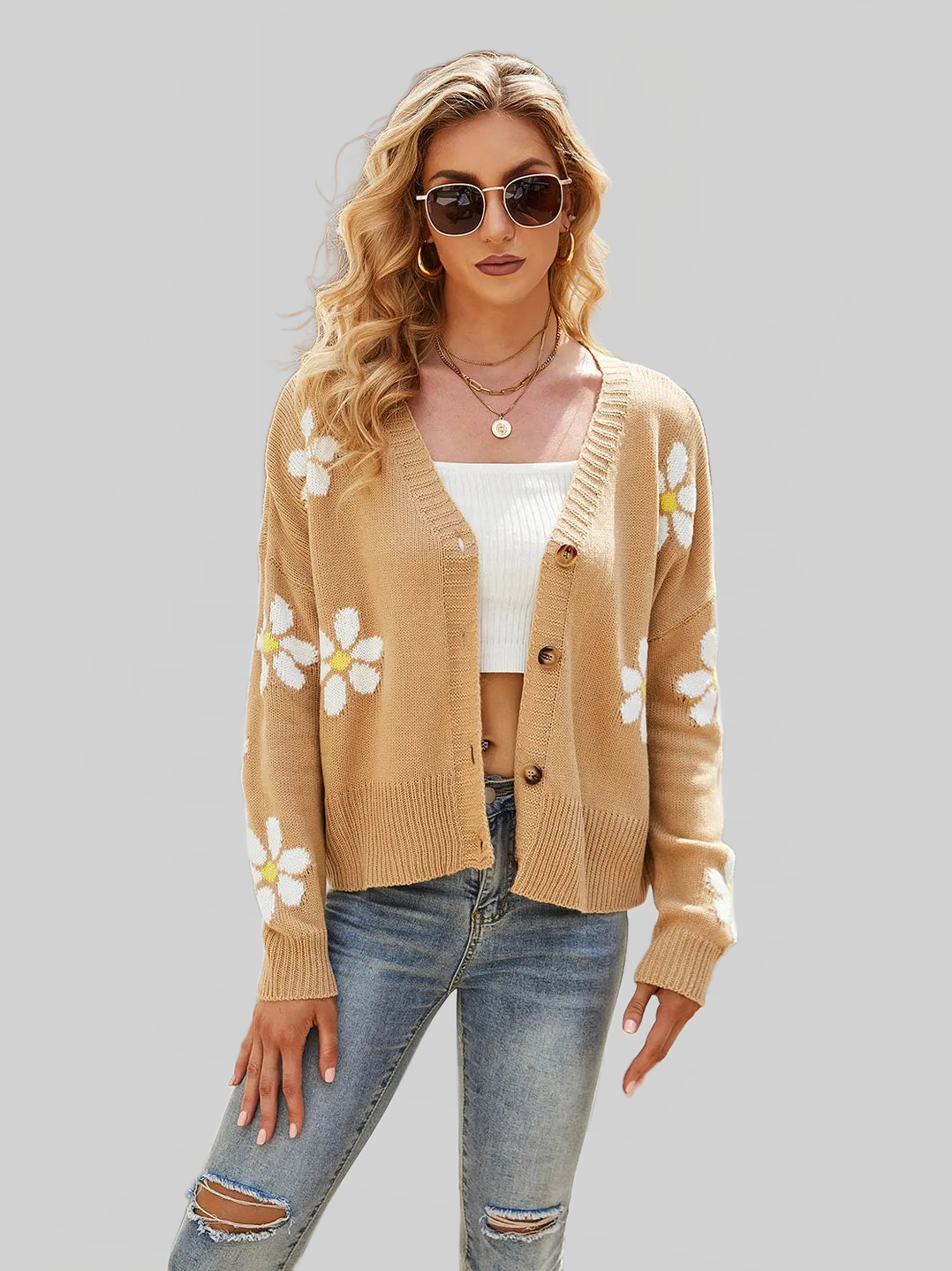 Women Flower Pattern Button Front Cardigan nicholesgifts