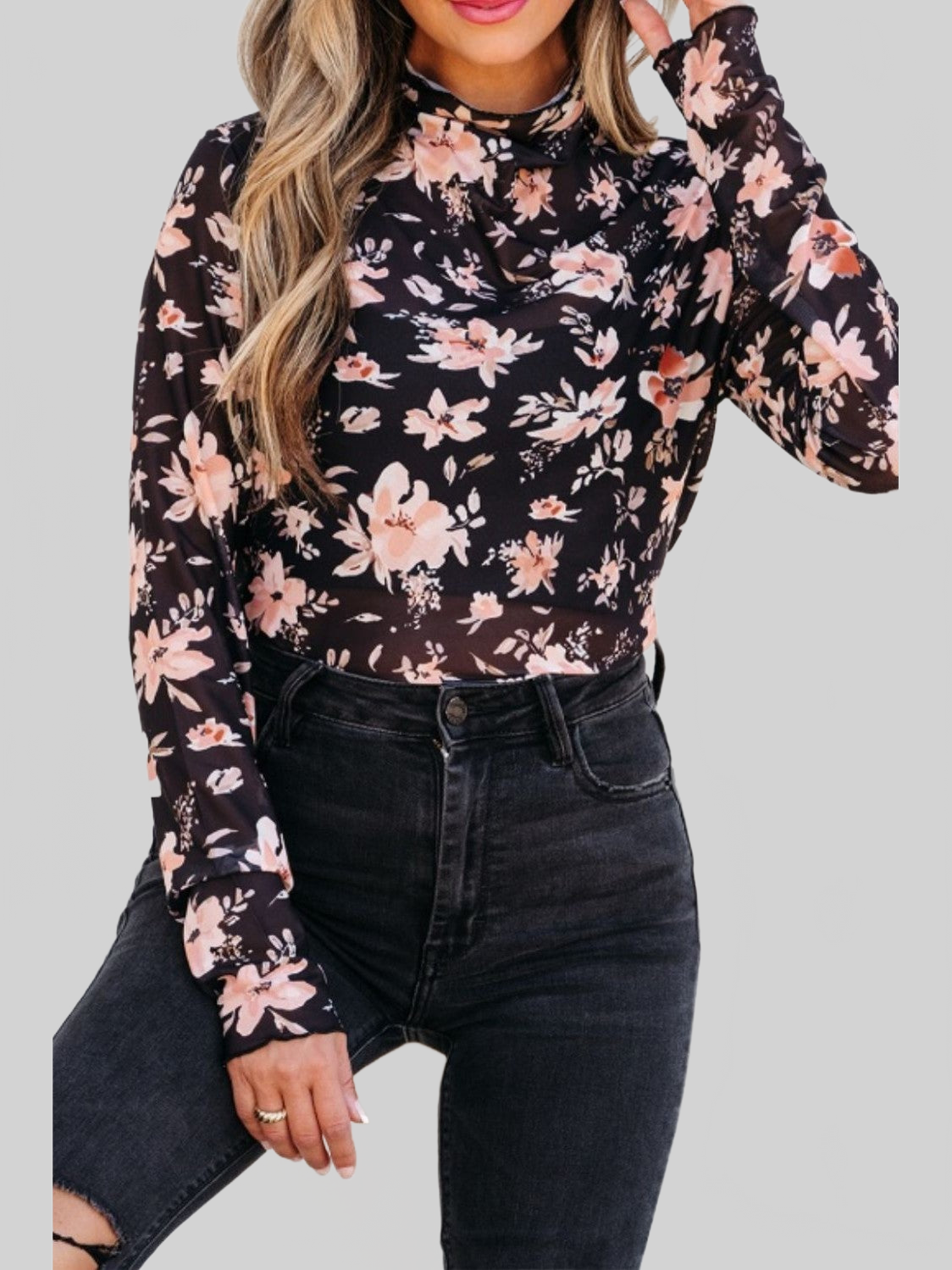 Women Floral Mock Neck Long Sleeve Blouse NicholesGifts