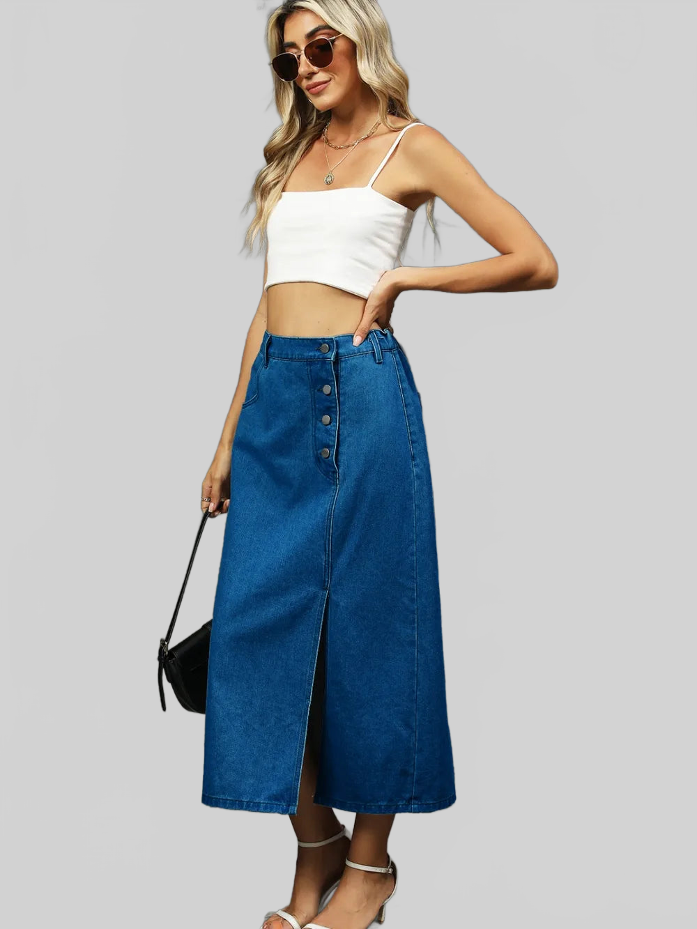 Slit Button Detail Denim Midi Skirt nicholesgifts