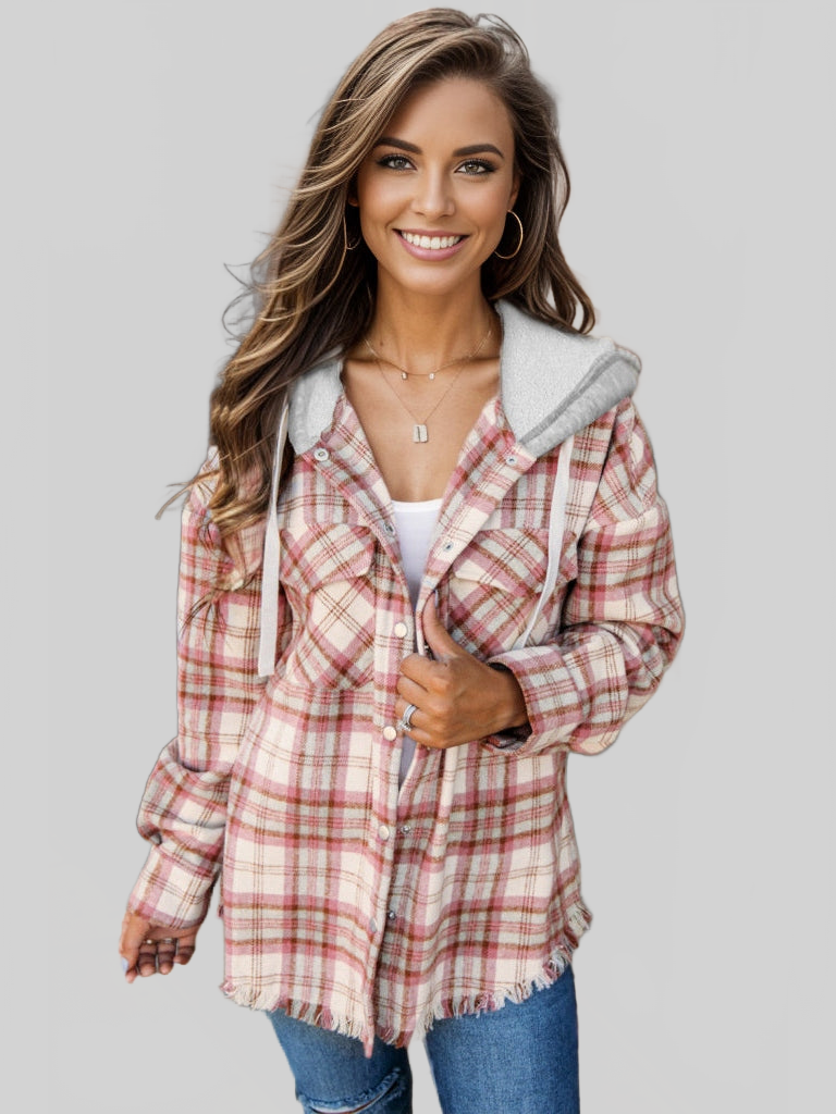 Plaid Raw Hem Drawstring Hooded Jacket NicholesGifts