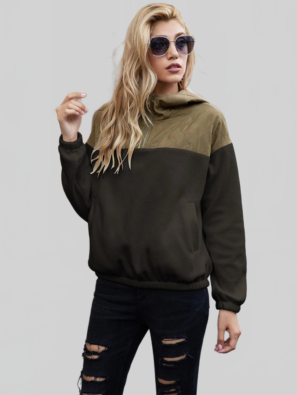 Ivy Lane Pocketed Color Block Quarter Zip Hoodie NicholesGifts