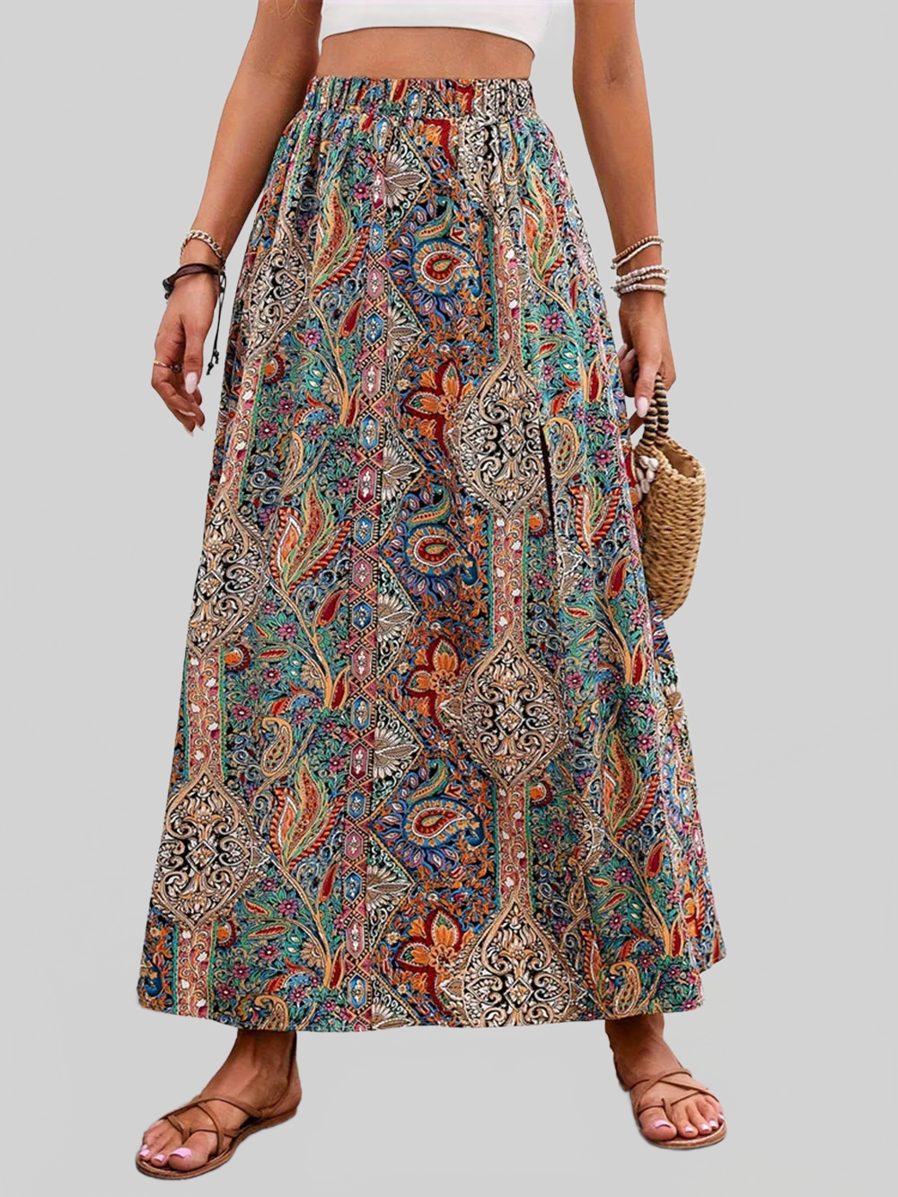Slit Printed Elastic Waist Skirt nicholesgifts
