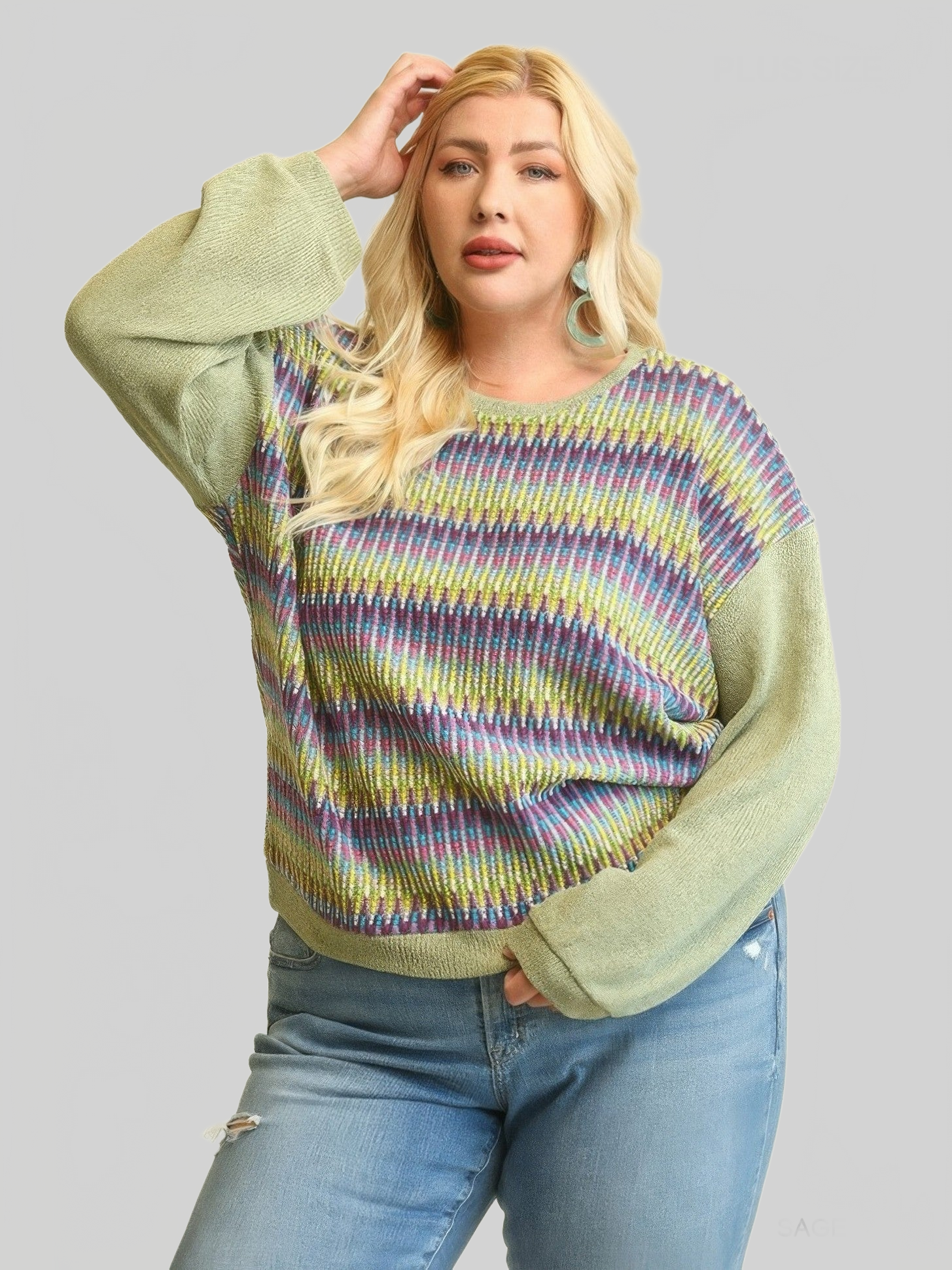 Plus Size Women Novelty Knit And Solid Knit Mixed Loose Top With Drop Down Shoulder NicholesGifts