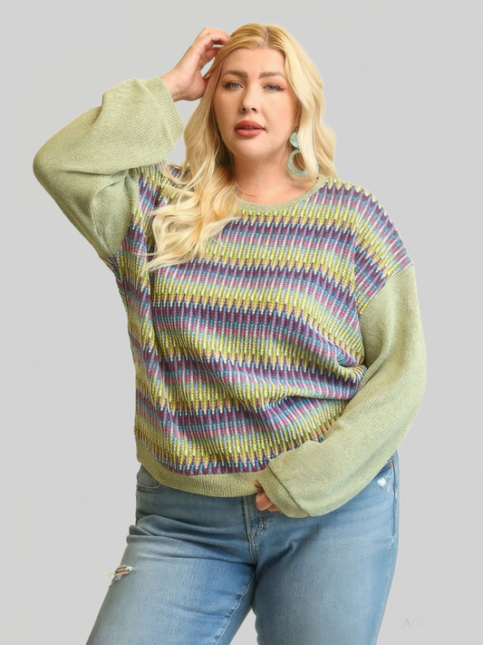 Plus Size Women Novelty Knit And Solid Knit Mixed Loose Top With Drop Down Shoulder NicholesGifts