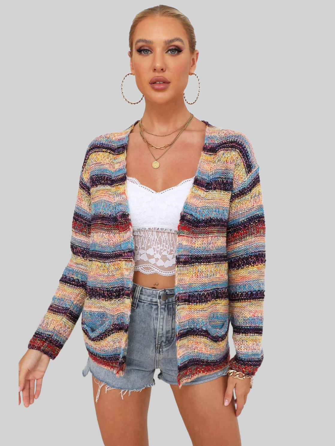 Striped Long Sleeve Open Front Cardigan nicholesgifts