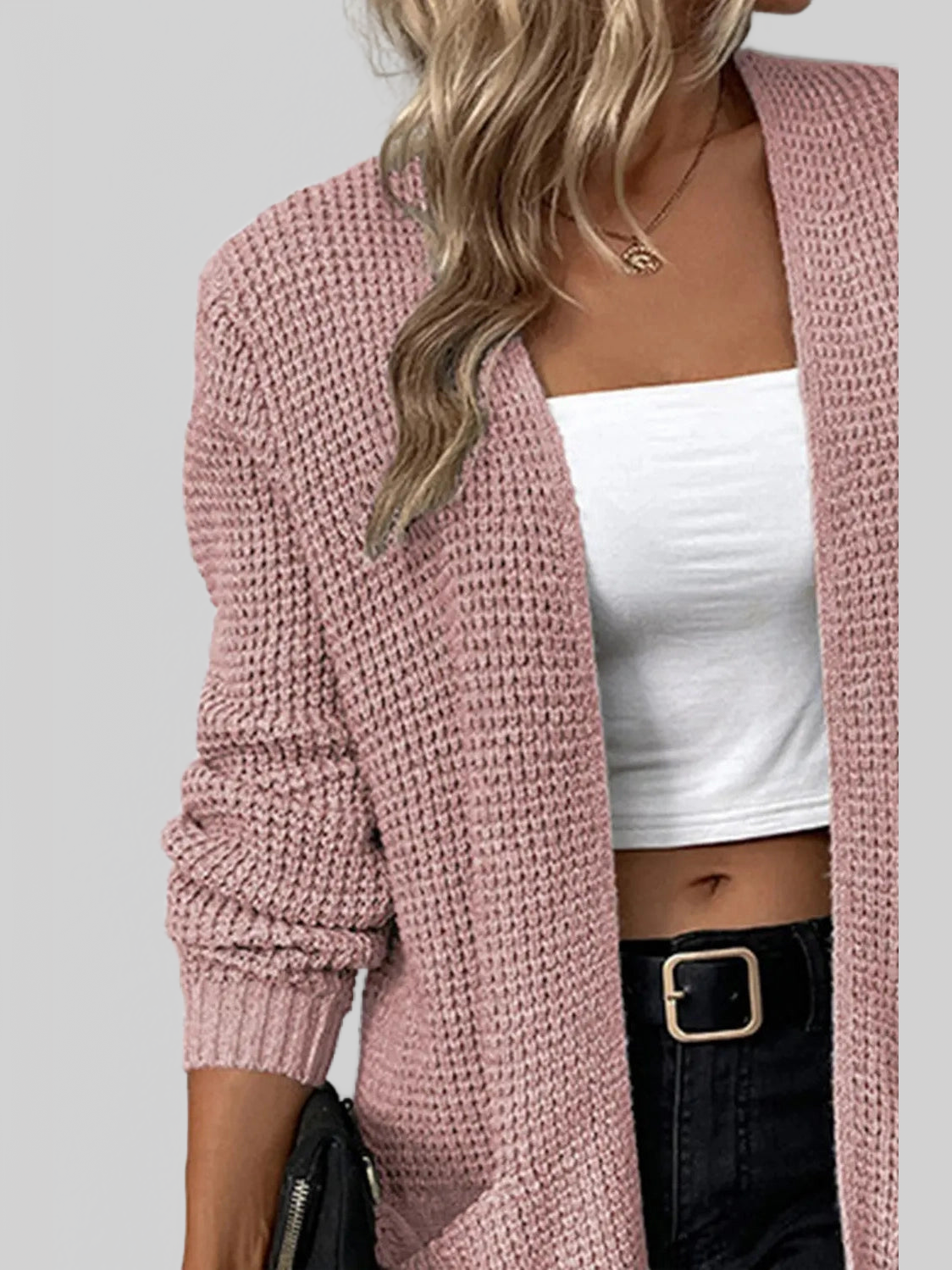 Rib-Knit Open Front Pocketed Cardigan nicholesgifts
