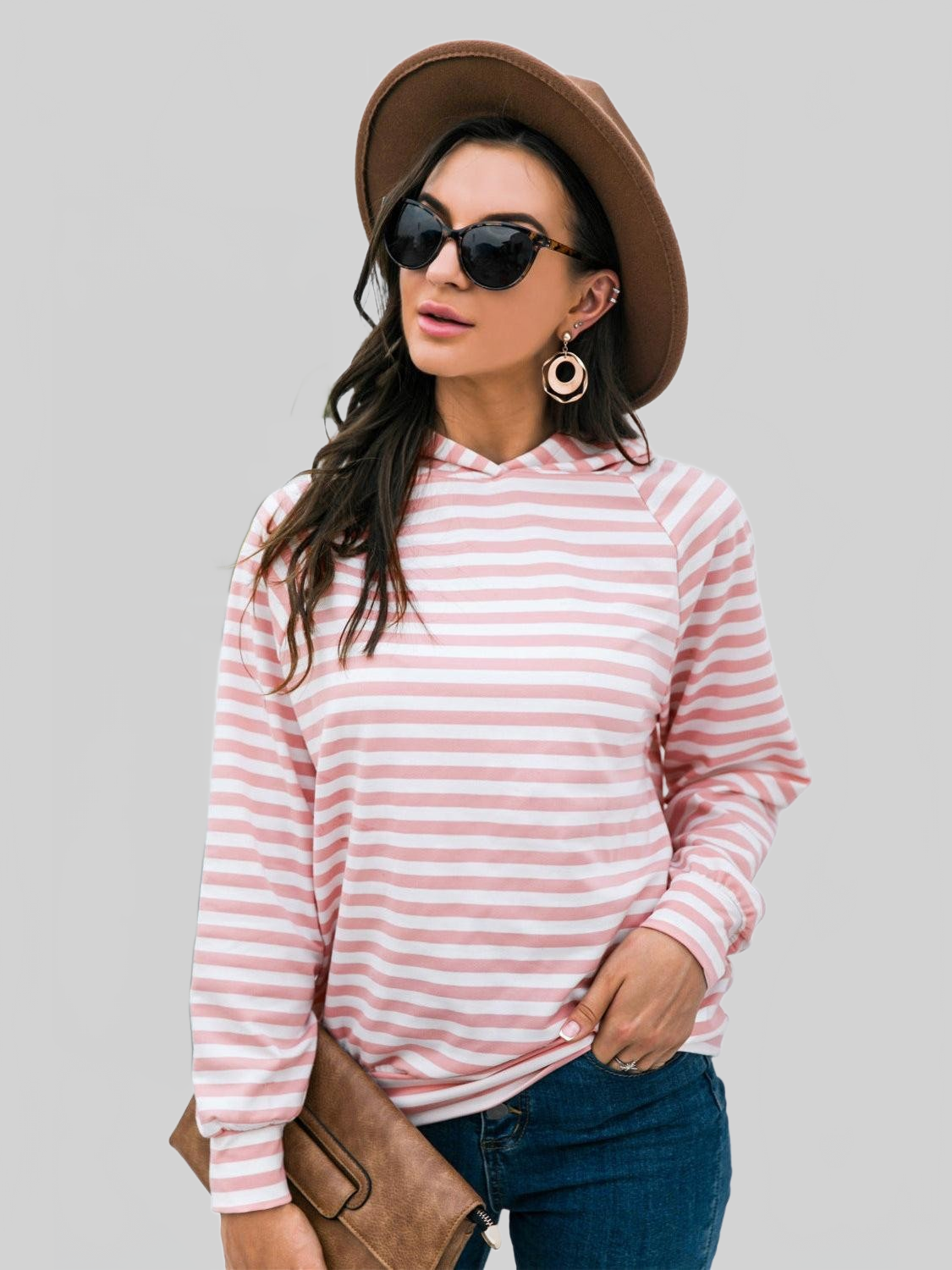 Women Horizontal Stripe Raglan Sleeve Hoodie nicholesgifts