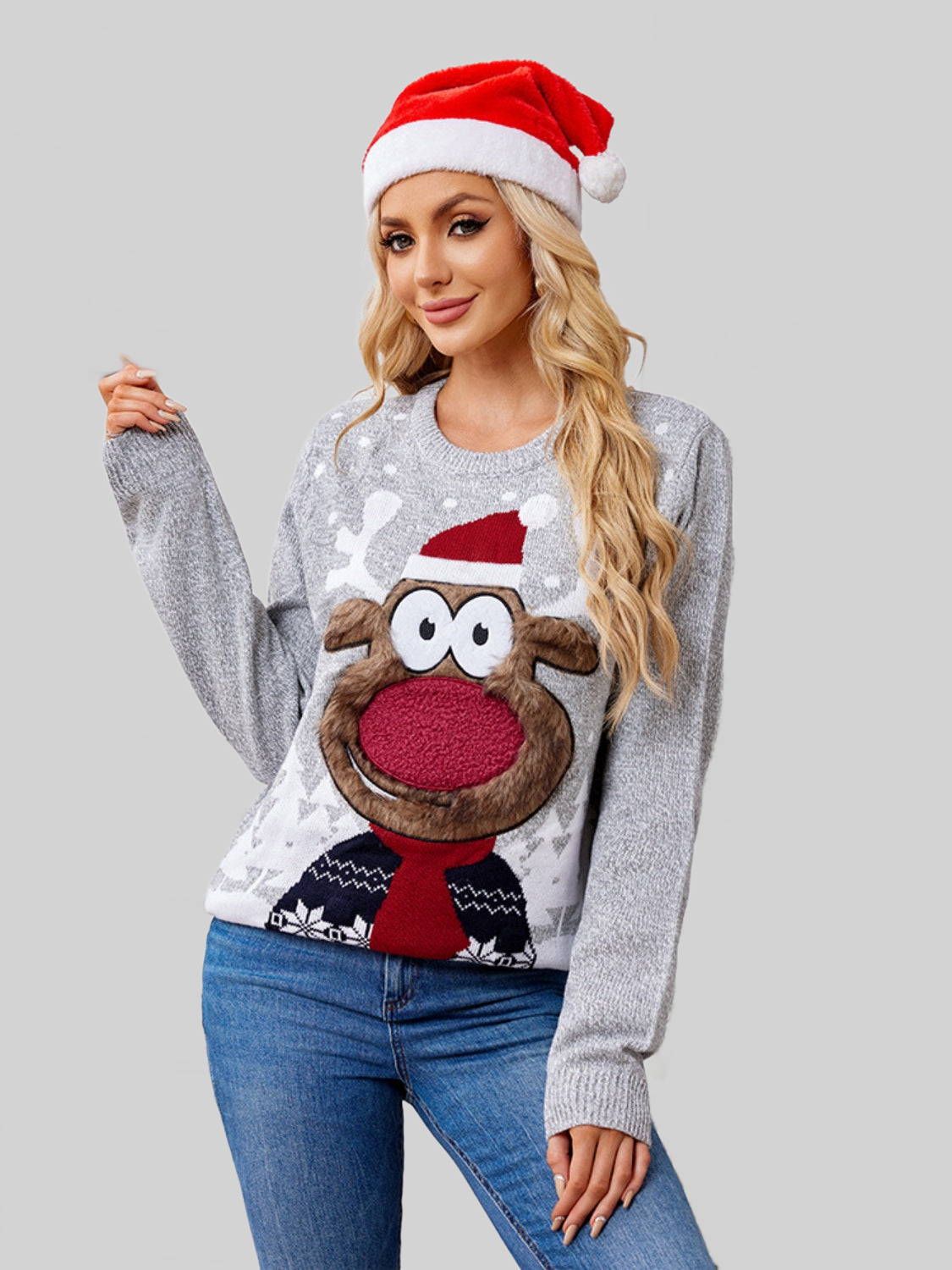 Women Reindeer Round Neck Long Sleeve Christmas Sweater nicholesgifts