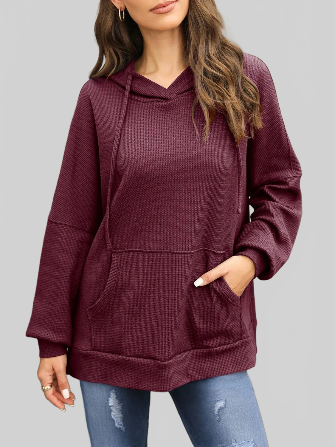Waffle-Knit Long Sleeve Hoodie nicholesgifts