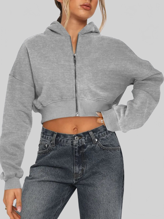 Zip Up Long Sleeve Hooded Cropped Jacket NicholesGifts