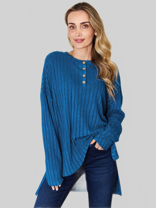 Women Basic Full Size Ribbed Half Button Long Sleeve High-Low T-Shirt NicholesGifts