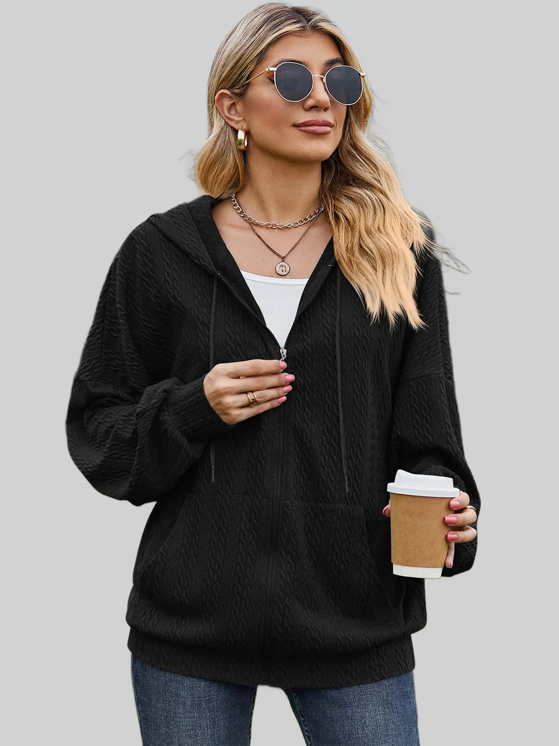 Drawstring Zip Up Dropped Shoulder Hoodie nicholesgifts