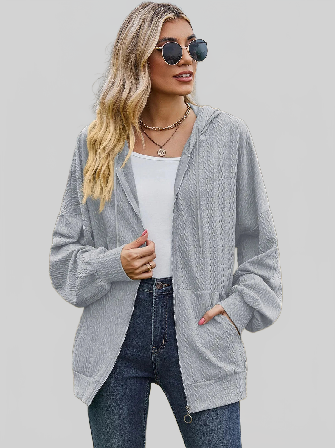 Drawstring Zip Up Dropped Shoulder Hoodie nicholesgifts