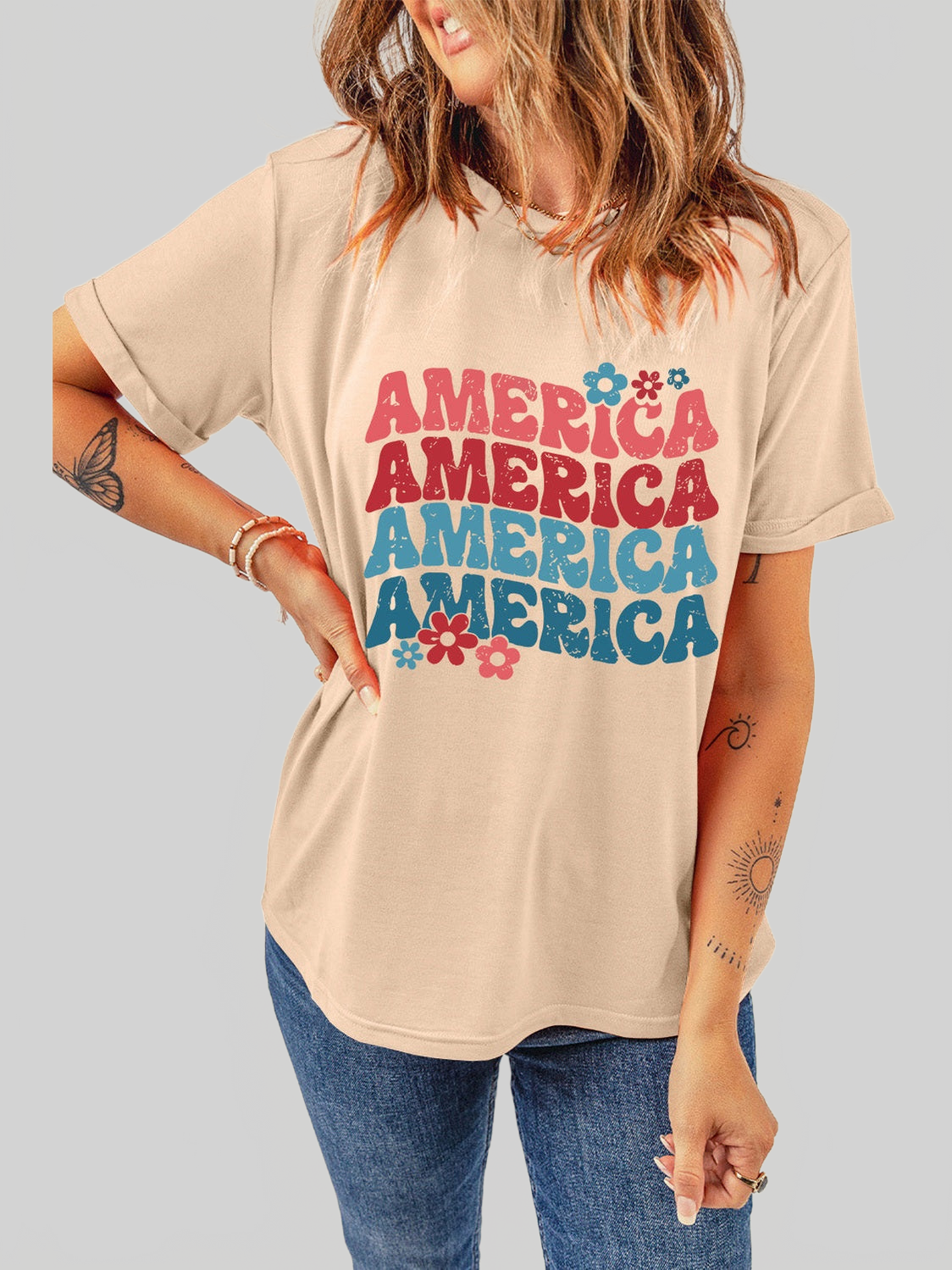 Women America Round Neck Short Sleeve T-Shirt nicholesgifts