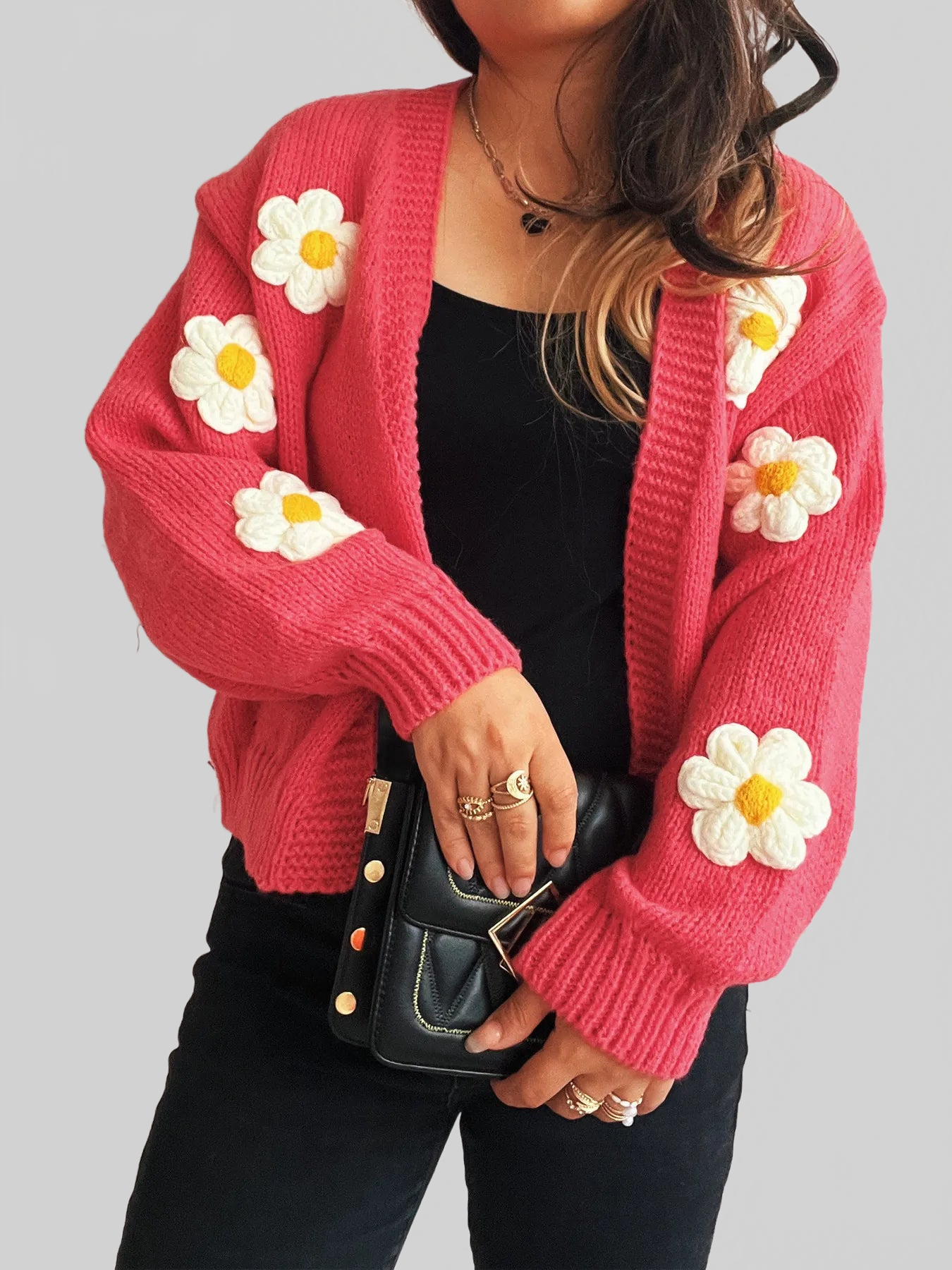 Flower Open Front Long Sleeve Cardigan nicholesgifts