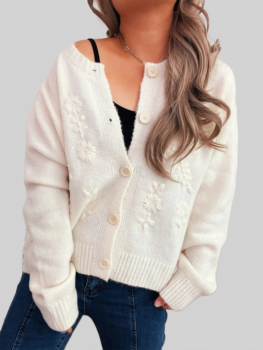 Flower Button Up Ribbed Hem Cardigan nicholesgifts