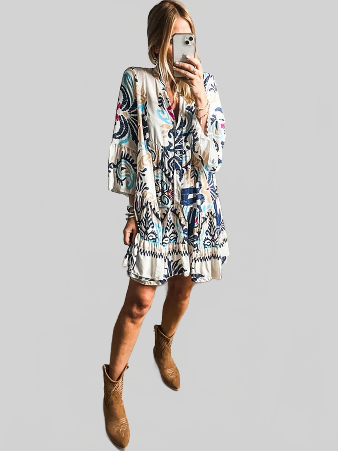 Printed Notched Three-Quarter Sleeve Mini Dress nicholesgifts