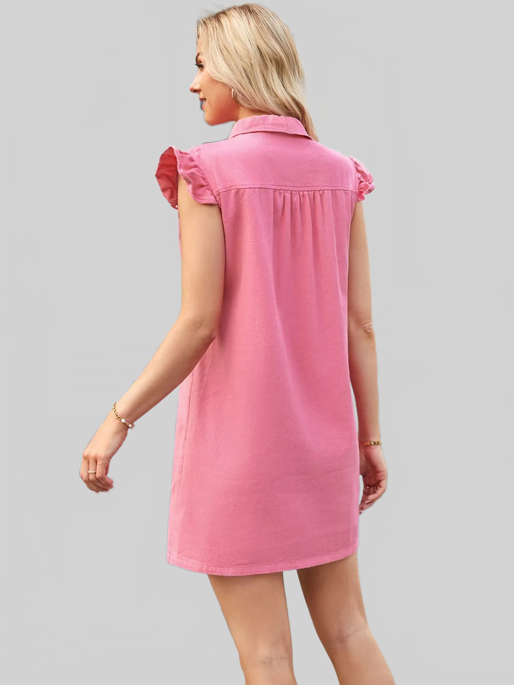 Ruffled Button Up Cap Sleeve Denim Dress nicholesgifts